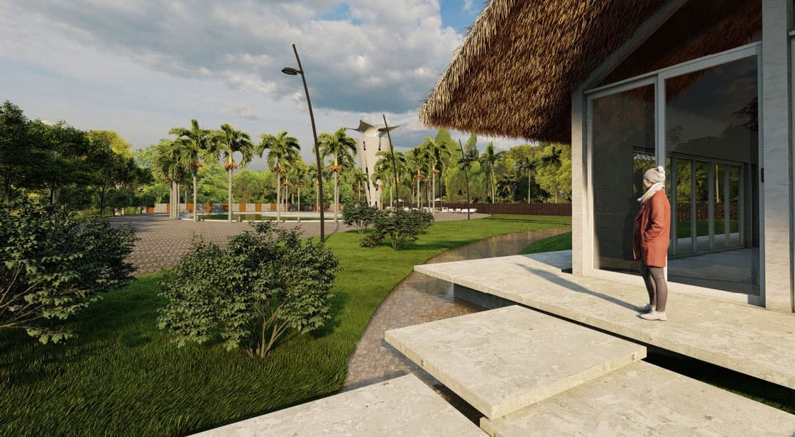 Landscaped grounds at Canvas, premium farmland at Lepakshi