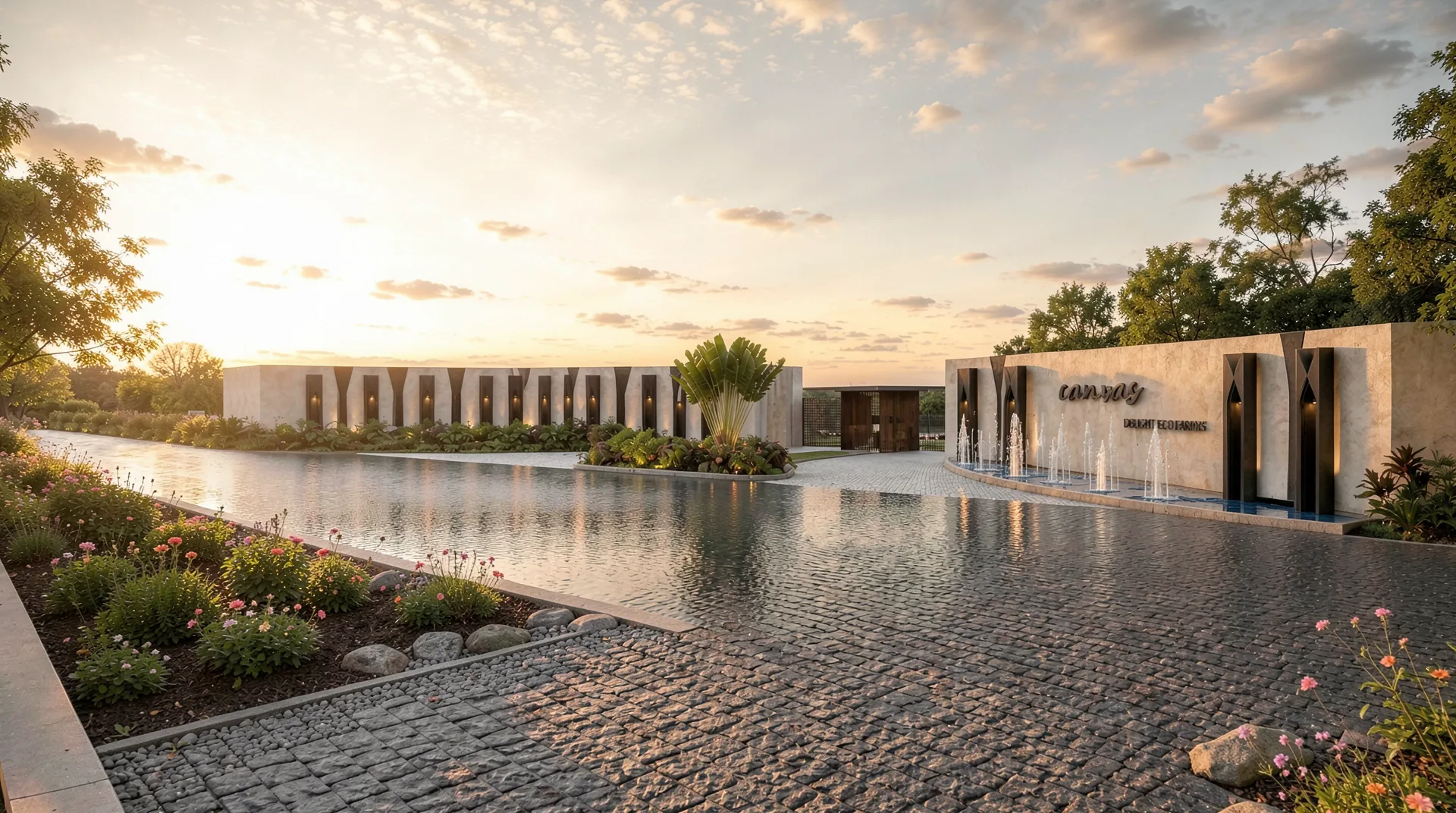 Canvas farmland estate at Lepakshi — water court and pavilions at golden hour