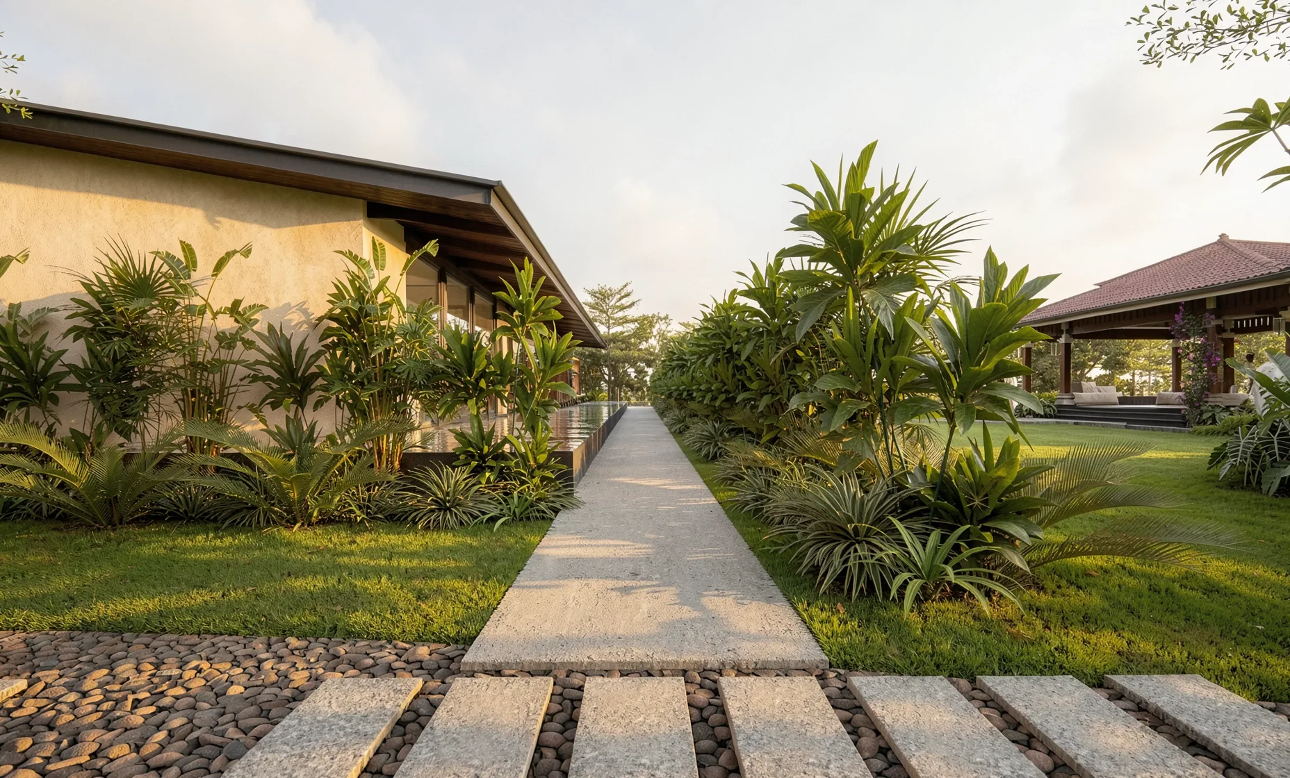 Stone path between cottages at Canvas, Lepakshi