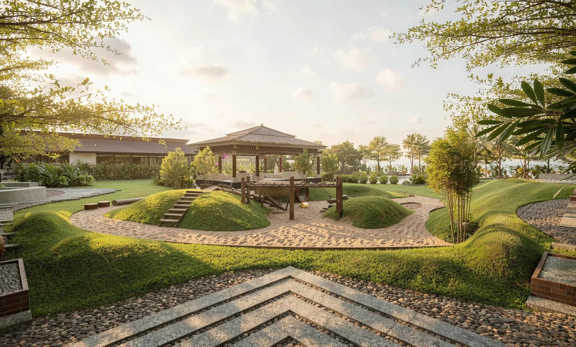 Pavilion and lawn at the Canvas estate, Lepakshi